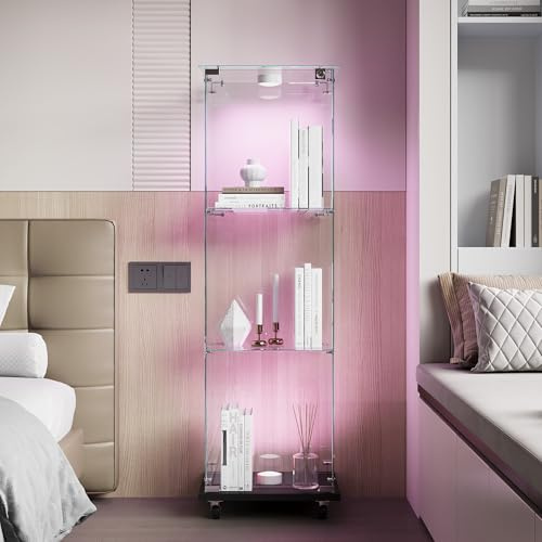 Glasvitrine mit LED-Beleuchtung & Rollen in Schwarz,123.3 x 35 x 39.8cm,Modern Glas Holz Vitrine 3-Lagen & 1 Türen Glas Vitrine Vitrinenschrank,Glasvitrine Standvitrine für Büro Wohnzimmer Küche