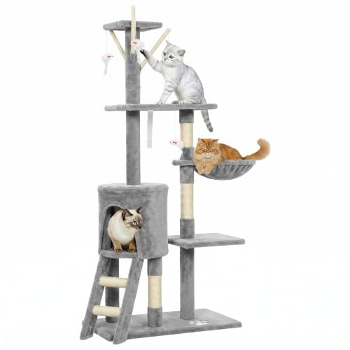 PawHut Arbre à Chat Hauteur 134,2 cm Tour de Jeux pour Chats avec griffoirs, Plates-Formes, échelle, hamac, Jouets Suspendus, Tissu Peluche, Multi-Niveaux Gris foncé