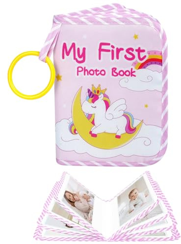 RISIPU Baby Photo Album, My First Memory Book for Newborns & Toddlers, Soft Cloth Family Photo Book, Keepsake Gift for Baby Shower Holds 17 6x4 Pictures (Pink Unicorn)