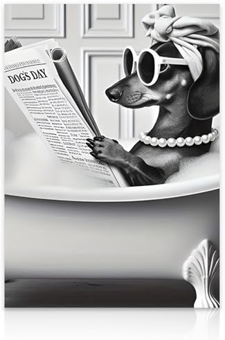 Leseogye Poster Dackel mit Zeitung und Sonnenbrille, Vintage Schwarzweiß Wandkunst, Humorvolles Tierbild für Wohnzimmer Dekoration, Niedliches Bleistiftzeichnung Kunstwerk