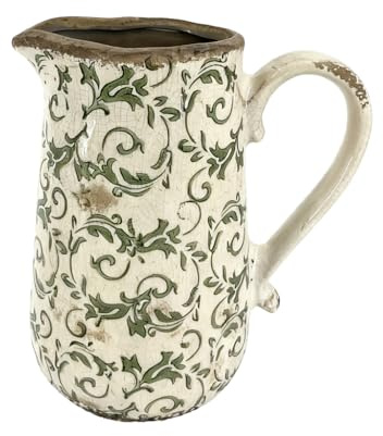 Ceramic Flower Vase Distressed Effect Glaze Pitcher Jug (Green, Large) | Distressed Effect, Watertight, Flower Vase