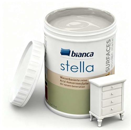 Bianca Stella Möbelfarbe Ohne Schleifen - Wasserbasierter Parfümierter Möbellack für Holz, Küchenschrank, Tisch, Stuhl - Pariser Grau, Glänzend, Holzfarbe Innen & Außen, Hochdeckend, Kratzfest, 1L