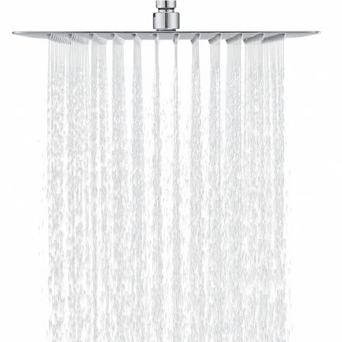 DETBOM Rain Shower Head Square 12 inch/30x30cm - 304 Stainless Steel Fixed Showerhead, 360° Rotatable, Anti-Limescale Function, with 144 Silicone Jets for Bathroom, Chrome