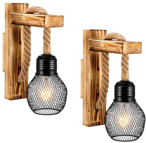 Vintage Wandleuchte Innen E27 Retro Hanfseil mit Holzbalken, 2 Stück | Lampenschirm, Industrielle Wandlampe, Lift Riemenscheibe, Für Schlafzimmer, Flur, Restaurant, Bar, Café