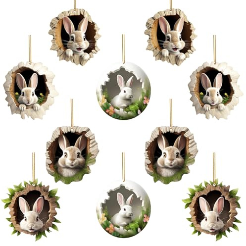 ZXTGBQ 10 Pcs Easter Ornaments 2D Acrylic Rabbit Decorative Pendant Bunny Easter Ornaments Tree Decorations for The Home, Shelf, Bookshelf