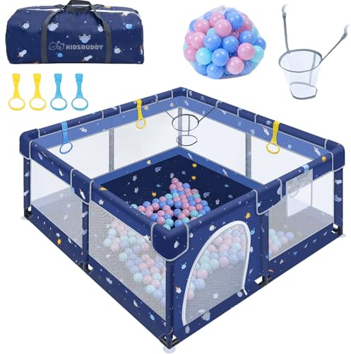 WoRaum Laufstall Baby 130 x 130 x 66 cm, Laufgitter Baby, Laufstall mit Zugringen, Bällen, Atmungsaktivem Netz, Rutschfestem Boden, Sicherheitsspielplatz Schutzgitter für Kinder (Cartoon,130CM)