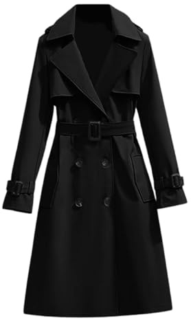 Generico Giacca Primaverile Donna Trench Impermeabile Donna Cappotto Doppiopetto Lungo Classicoantivento Parkawindbreaker Giacche con Tasche Cappotto Trench con Cintura (4-Black, XXXL)