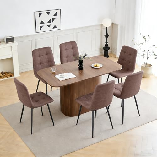 GrandCA HOME Juego de Comedor, 6 Sillas de Comedor de Piel Técnica Marrón Oscuro y una Mesa de Comedor Rectangular de 160x90 — Ideal para Cocinas y Salas de Estar (Color Madera de Nogal)