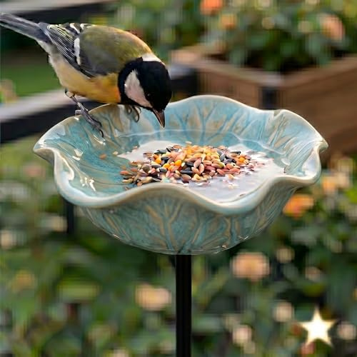 Vogeltränke Blume & Bienentränke Keramik Gartenstecker – Insektentränke Garten für Wasser & Vogelfutter, Dekorative Keramikblüten für Bienen & Vögel (2, Grün)