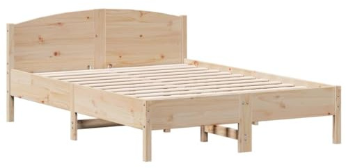 Foknhdi Massivholzbett 135x190 cm aus Kiefernholz, Bettgestell mit Lattenrost und Kopfteil, stabiles Doppelbett für Schlafzimmer, Natur unbehandelt, rustikales Design