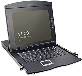 DIGITUS 19 KVM Konsole mit 17 TFT Display (4:3), US-Tastatur-Layout, KVM Switch mit 16 Cat5 Ports, Schwarz