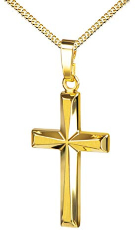 JEVELION Halslette Anhänger-Kreuz mit Panzer-Kette Gold-Kreuz für Damen, Herren und Kinder in hochglanz poliert mit 3D-Effekt als Ketten-Anhänger + Schmuck-Etui