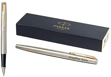 Parker Jotter Füller | Edelstahlschaft mit Goldzierteilen | mit Gravur | Füllfederhalter Mittlere Spitze | Geschenkbox 2030948 (Stainless Steel, Gold Trim)