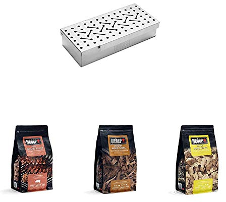 Weber 7576 Räucherbox universal, Räuchern, für Gas- und Holzkohlegrills + Räucherchips für Schweinefleisch + Räucherchips Whiskey + Räucherchips Apfelholz