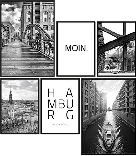 Papierschmiede® Mood Poster Set Hamburg, Bilder Wohnzimmer Deko Schlafzimmer, 2x DIN A2 und 4x DIN A3, Hafen Hauptstadt des Nordens schwarz-weiß - ohne Rahmen