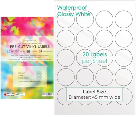 Evergreen Goods A4 Wasserfest Glänzend Weiß Rund Bedruckbares Vinyl Aufkleber Etiketten | Tintenstrahl bedruckbare kreisförmige klebeetiketten | 45 mm (20 Etiketten pro Blatt,200 insgesamt) 10 Blatt | Weiß, Glänzend | 20 pro Blatt, 200 insgesamt | Tintenstrahl bedruckbar, bedruckbare Klebeetiketten, kreisförmiges Vinyl