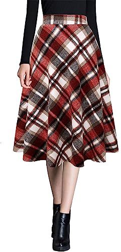 Ylingjun Womens Warm Wool Plaid Midi Skirts Winter Fall Elastic High Waisted A Line Flared Pleated Wool Skirt (Wine Red, Large)