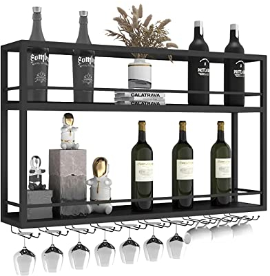 Industrial Wall Mounted Wine Rack, 2-Tier Wood Wine Bottle Shelf with Stemware Rack, Metal Wine Glass Rack Multi Functional Wine Storage Display Rack for Home Bar Dining Room Kitchen (80×20×65cm)