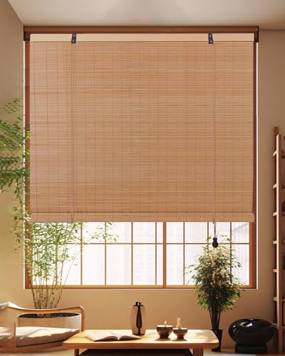 FoundGo Retro Bambus Rollo ohne Bohren [50-120cm Breit 100-280cm Hohe Anpassbar] 60% Blickdicht Raffrollo aus Bambus Sichtschutz Sonnenschutz Bambusrollo Jalousie für Türen & Fenster (Breite x Höhe)