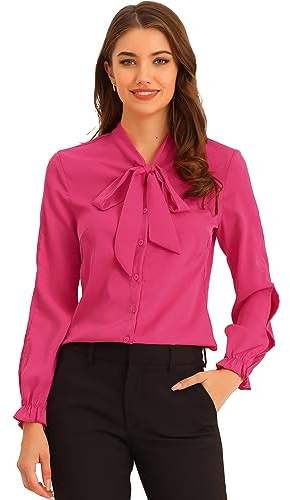 Allegra K Chemisier élégant en mousseline de soie pour femme avec nœud papillon et volants à manches longues, rose vif, S