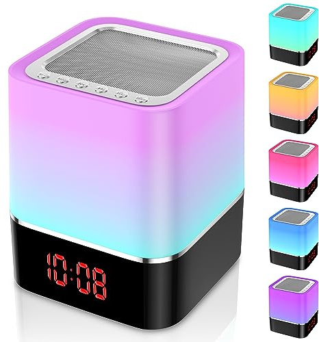 Yedkufea Haut-parleur Bluetooth 5 en 1 Numérique Réveil Tactile Dimmable, Micro SD Card, MP3 Appels Mains Libres Touch Control, pour Enfant Festival Noël Anniversaire