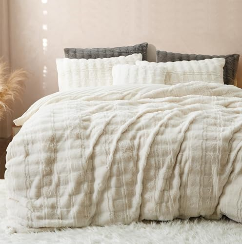 Sedefen Plüsch Bettwäsche 135x200cm Creme Winter Kaninchenfell Samt Bettwäsche Flauschig Warm Wende Winterbettwäsche Set Cashmere Touch Bettbezug mit Reißverschluss und 1 Kissenbezug 80x80cm