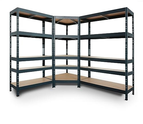 Regalsystem: 1 Eckregal 180x90x45x64,5cm und 2 Rivet Steckregale 180x90x45cm und 180x120x45. 5 HDF- Böden, 250kg, anthrazitgrau