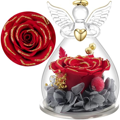 Yamonic Ewige Rose Engel Geschenke für Frauen, Ewige Rose im Glas Geschenke für Mama,Engel Figur Geburtstagsgeschenke für Frauen,Oma Geschenk,Echte Rose Schutzengel Weihnachten Muttertagsgeschenk
