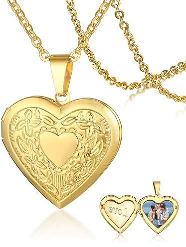 Donne ragazze medaglione collana platino oro 18 carati foto medaglioni che tengono l'immagine, catena 50 cm regalo personalizzato personalizzato amore cuore immagine (oro con incisione e immagine)