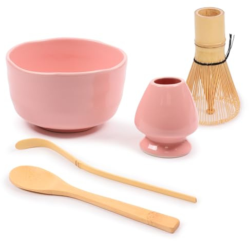 BambooMN Brand - Matcha Bowl Set (Includes Bowl, Rest,Tea Whisk, Chasaku, & Tea Spoon) 1 Set Pink