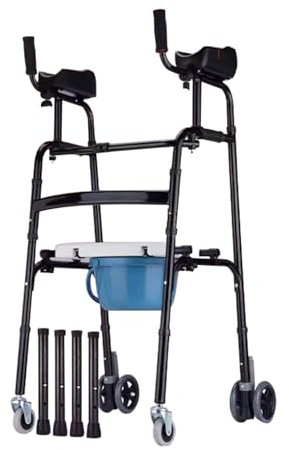 Joyfitness Gehwagen mit Armlehnen, verstellbare Standard-Gehhilfe mit Sitz und Toiletteneimer, Gehbock mit Rollen Klappbar, Faltbarer Aluminium-Rehabilitations-Hilfsrahmen mit Leichtmetallrad