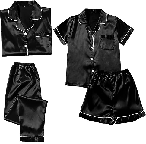 Générique Pyjama Femme Satin de Soie Unisexe Grande Taille 4 Pièces Ensembles de Pyjama Short et Caraco Lingerie Sexy Automne Hiver Manche Longue Vêtements de Nuit Classique Sleepwear