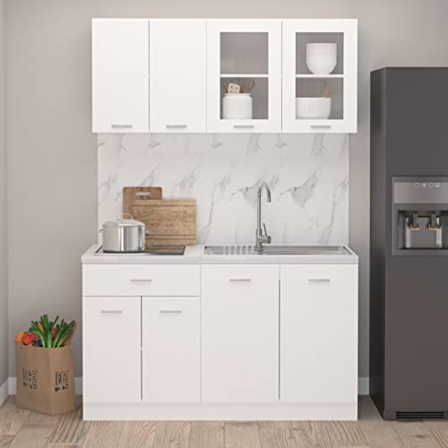 ShCuShan Ensemble de Meubles de Cuisine 4 pcs Blanc Aggloméré,Meuble Four Et Micro Ondes,Olonne Four Encastrable