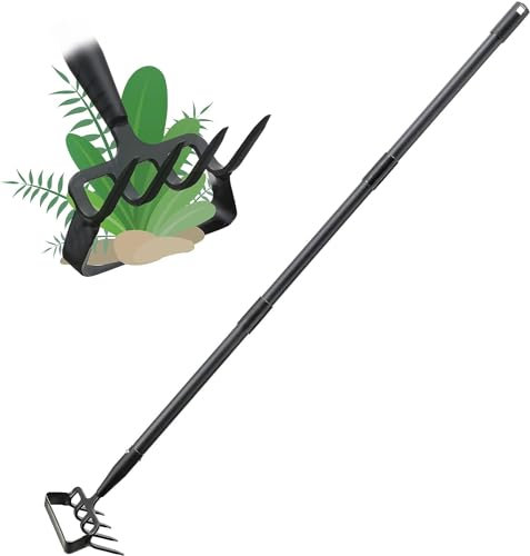 Gartenhacken zum Unkrautjäten, Gartengeräte, 2 in 1 Steigbügelhacke mit 4 Zinken Harke, verstellbare Gartenhacke mit langem Stiel zum Lockern des Bodens (134cm)