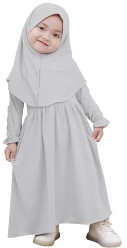 FYMNSI Muslimisches Kleid f?r Baby M?dchen Abaya Maxikleid Mit Hijab Gebetskleidung f?r Kleinkinder Neugeborene Islamisches Gebetskleid Ramadan Kaftan Dubai Outfit Einfarbig Zweiteilig Grau 2-3 Jahre