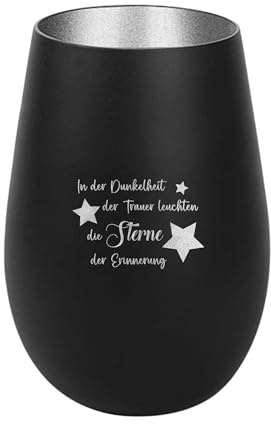 Der-Porzellan-Laden Windlicht mit Gravur Schwarz Silber Teelichthalter | In der Dunkelheit der Trauer leuchten, aus Glas mit Spruch, Tischdeko modern