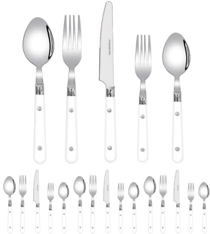 Two Nail Plastic Handle Kitchen Stainless Steel Silverware Tableware Flatware Cutlery Set Steak Knife Fork Spoon Teaspoon (White,20 Pieces)