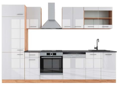 Vicco Küchenzeile R-Line, Weiß Hochglanz/Goldkraft Eiche, 300 cm | 8 Module · Höhenverstellbare Füße · AP Anthrazit inkl. · Robuste Fronten · Mit Kühlschrankumbauschrank