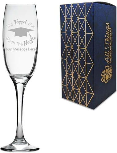 Personalised Engraved Graduation Champagne Flute with 'The Tassel was Worth the Hassle' Design, Personalise with Any Name or Message, Gift Box Included, Laser Engraved, Uni College Graduation Gift