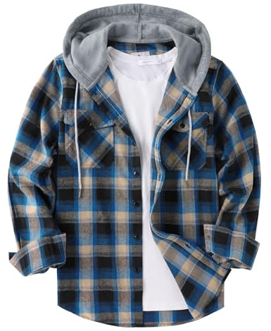 Onedog Camisa de Franela para Hombre - Cuadros Casual Con Capucha y Manga Larga - Dos Bolsillos en el Pecho - Ideal para Caza