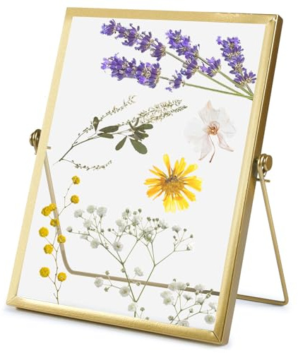 Glas Metall Fotorahmen,15 X 20 cm Retro Gold Glasbilderrahmen,Metall Desktop Fotorahmen,Rahmen für gepresste Blumen aus Glas,Bilderrahmen Gold für Zuhause und Büro Pflanzenprobe,Getrockneter Blumen