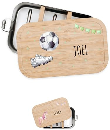 Bärenfreunde® - Personalisierte Brotdose für Kinder mit Spezial-Druck - Robuste Edelstahl Brotdose - Personalisierte Geschenke für Kinder & Erwachsene (Fußball Girlande,GROSS Edelstahl)