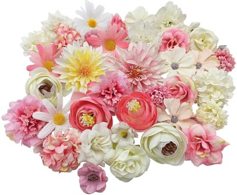 FOSDICK 42 Pièces Fleurs Artificielles, Blanche Rose Fausse Fleur, Petite Tête de Fleur Artificielle Mélangée, Fleur en Tissu pour DIY Scrapbooking Mariage Gâteau Fête Jardin Artisanat