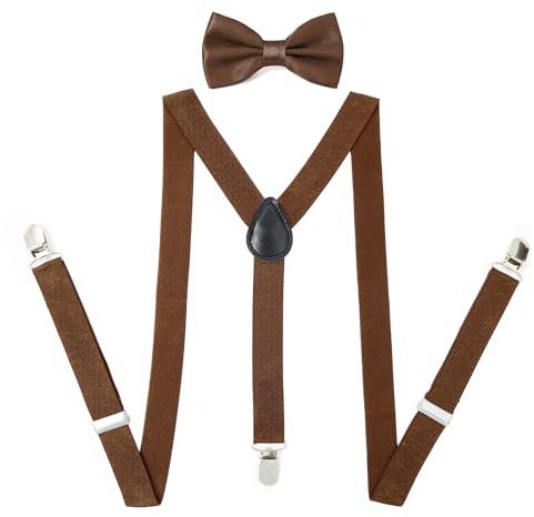 PONCEAU 2 Set Hosenträger und Fliege für Herren und Damen，2.5 cm breiter Hosenträger Herren in Y-Form Elastisch und Verstellbar mit Farblich Passender Fliege 12 x 7 cm