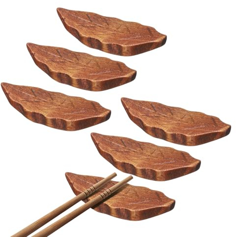 sourcing map Lot de 6 repose-baguettes en bois en forme de feuille pour comptoir, cuillère, fourchette, couteau, décoration de table, marron