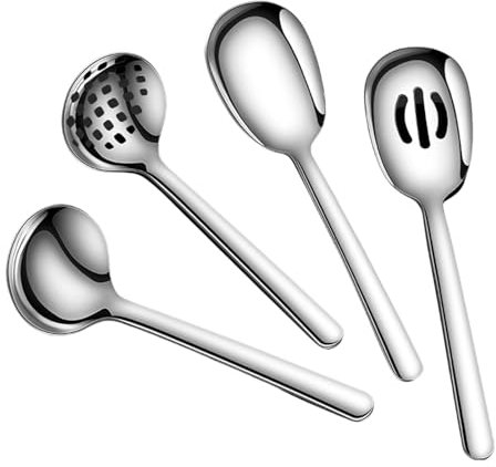 Juego de 4 utensilios de cocina, juego de utensilios de cocina con agujeros, cuchara para servir, juego de utensilios de cocina con textura de acero inoxidable 304
