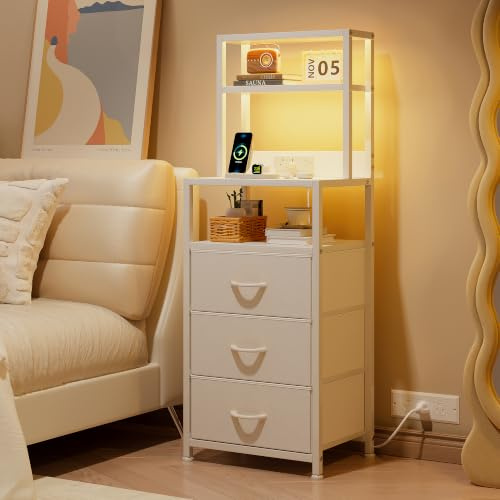 VERMESS Bedside Table with Charging Station and LED Light, White