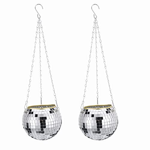 2 Pack Disco Ball Hanging Planter Set 15CM Mirror Ball Planters with Hooks and Chains for Wall or Ceiling Modern Plant Basket Holder for Indoor Plants Plant Hanger Decor