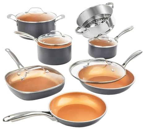 DYHWAC Juego de Utensilios de Cocina de 12 Piezas, sartenes y ollas con Revestimiento de Cobre Antiadherente, lavavajillas