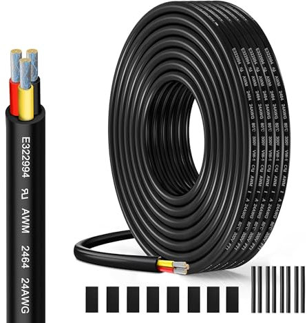 Cable Eléctrico 24 AWG 3 x 0,23 mm² UL2464-5 Metros, 3 Conductores de Cobre Estaño, 300V, Ideal para Iluminación LED Auto, Casa y Aplicaciones Exteriores